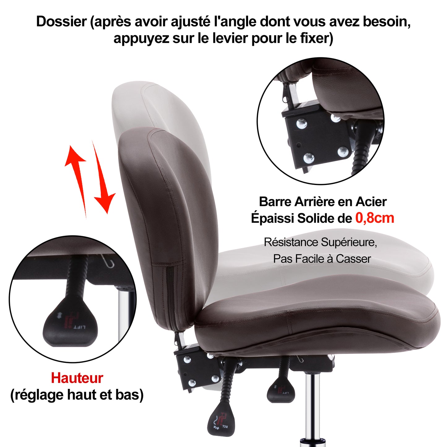 Tabouret roulettes avec Dossier et Anneau en Métal Rotation à 360° Hauteur Réglable 59,5-72,5cm Brun