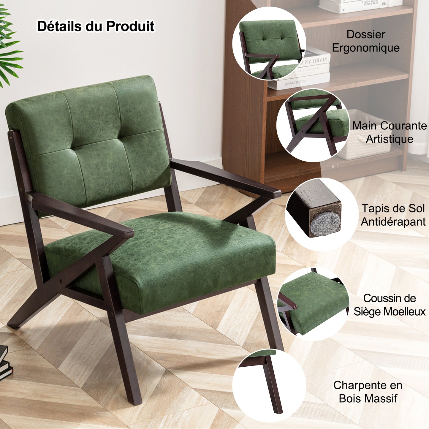 Fauteuil Salon en Tissu Polaire, Fauteuil Confortable Dossier Ergonomique Fauteuil Vintage en Bois Massif Vert
