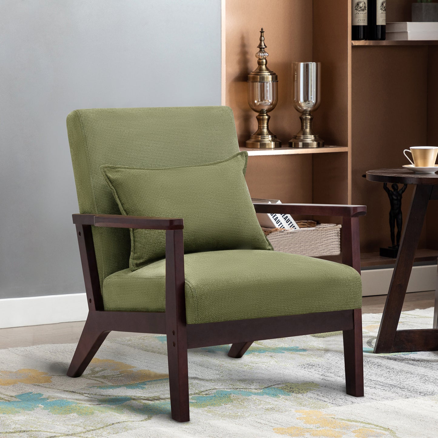 Fauteuil  tapisé style vintage Fauteuil en bois Massif de bureau de chambre à coucher, 68.5 x 81 x 80 cm en Tissu de Lin Vert