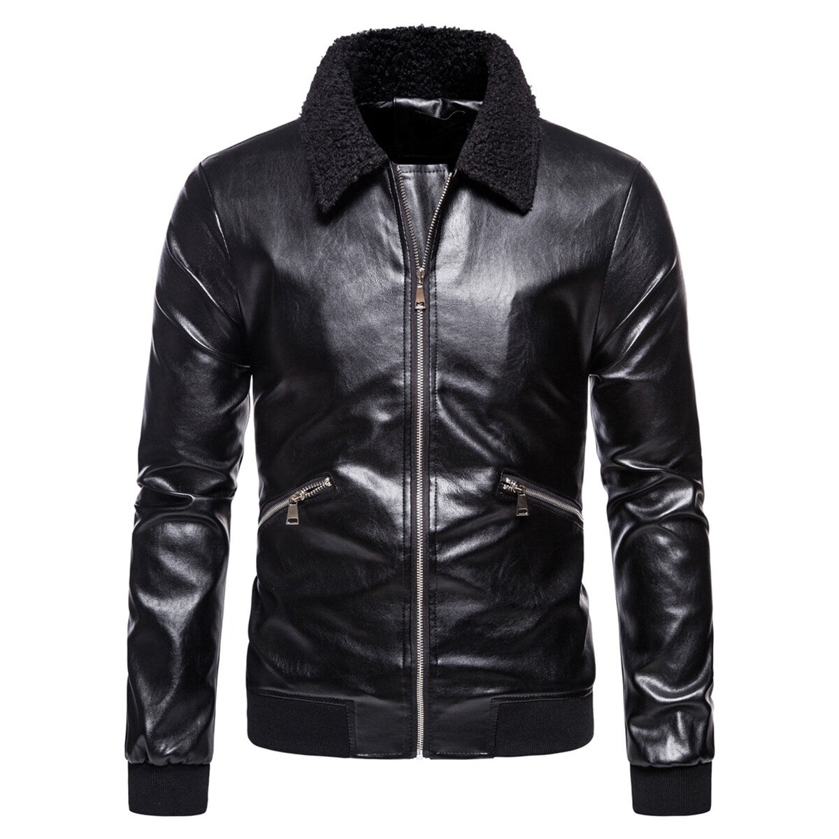 Youthup Mens Zipper Fur Collar Lapel Outwear Coat Leather Jacket