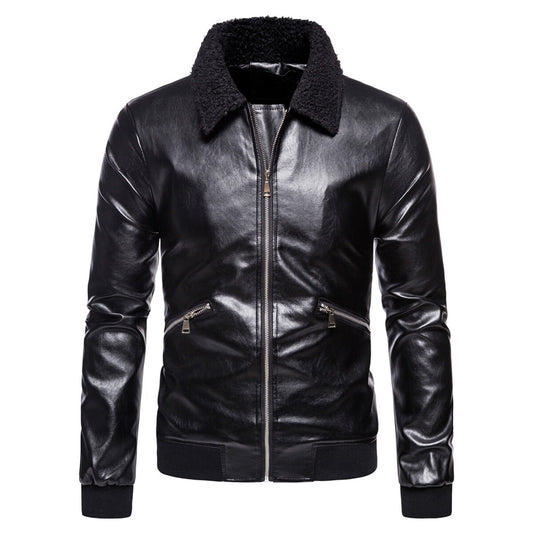 Youthup Mens Zipper Fur Collar Lapel Outwear Coat Leather Jacket