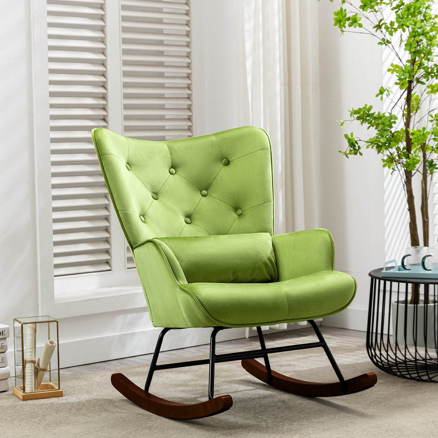 Fauteuil à Bascule  Rembourré en Velours Moderne  pour Salon, Chaise à Bascule à Dossier Haut avec Pieds en Bois, Vert gazon
