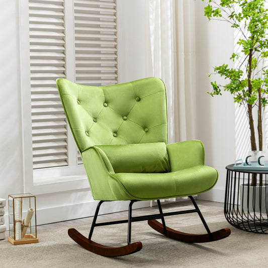 Fauteuil à Bascule  Rembourré en Velours Moderne  pour Salon, Chaise à Bascule à Dossier Haut avec Pieds en Bois, Vert gazon