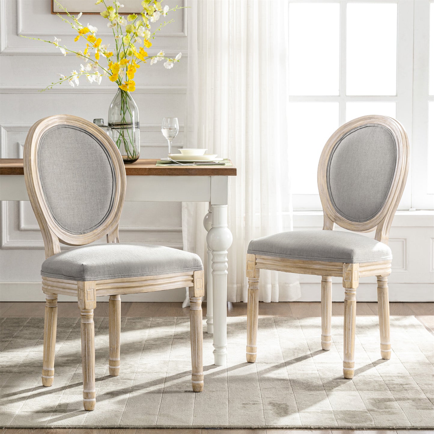 Silla de comedor barroca, sillas de comedor estilo rústico francés, silla barroca, silla tapizada, juego de 2 sillas de cocina de madera, color gris