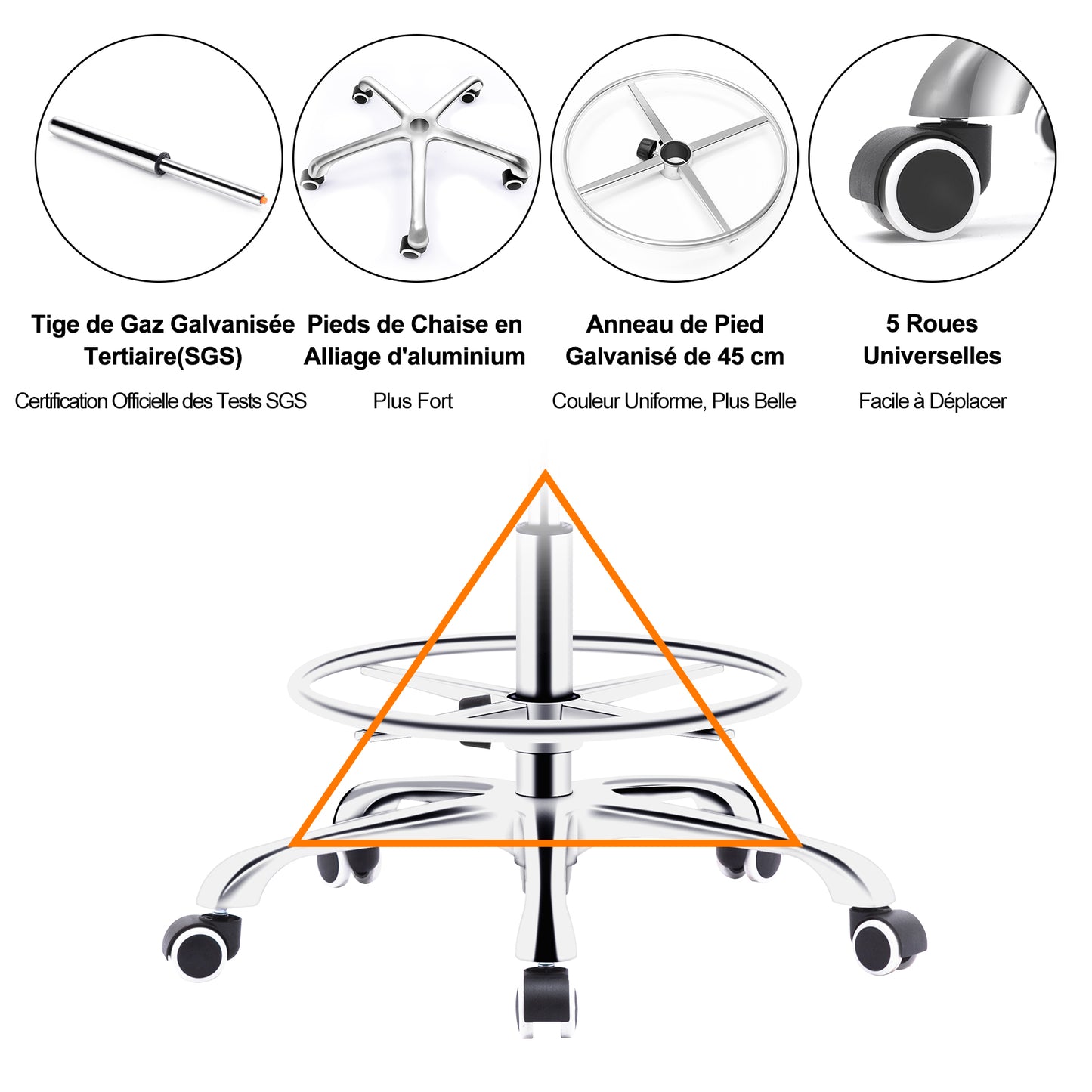 Tabouret roulettes avec Dossier et Anneau en Métal Rotation à 360° Hauteur Réglable 59,5-72,5cm Brun
