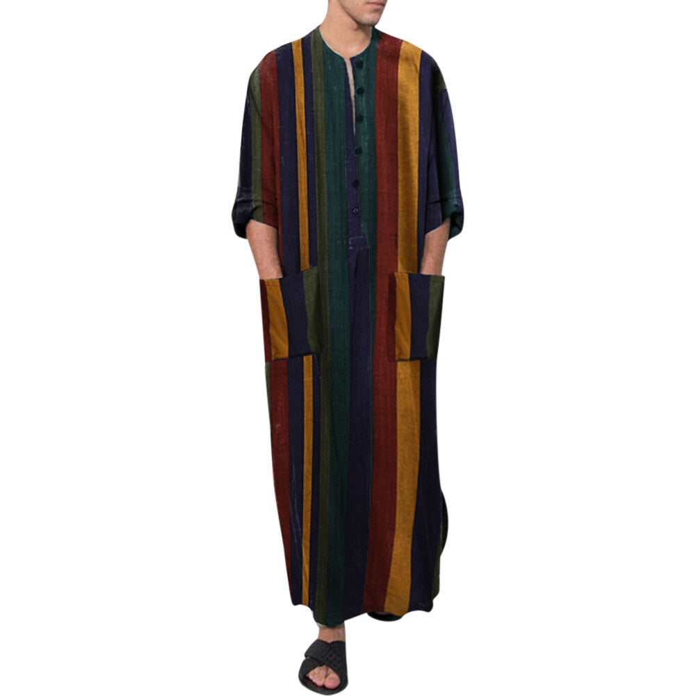 Youthup Mens Striped Color Block Robe Lightweight Cotton Long Nightdress