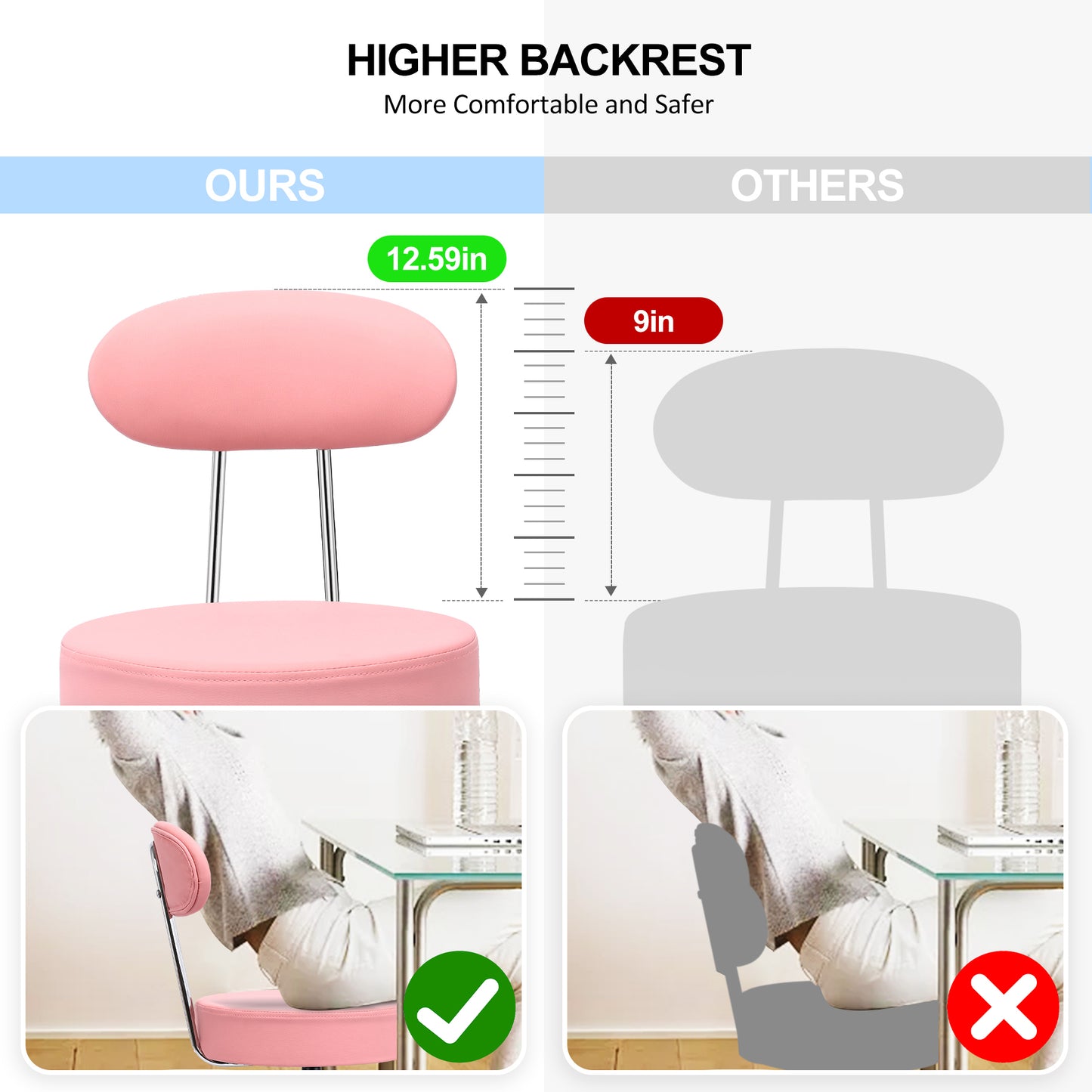 Tabouret de Bar Rond à roulettes Pivotant 360° de Massage  EN HAUTEUR REGLABLE pour SPA,Salon,Salle,Médicale Rose