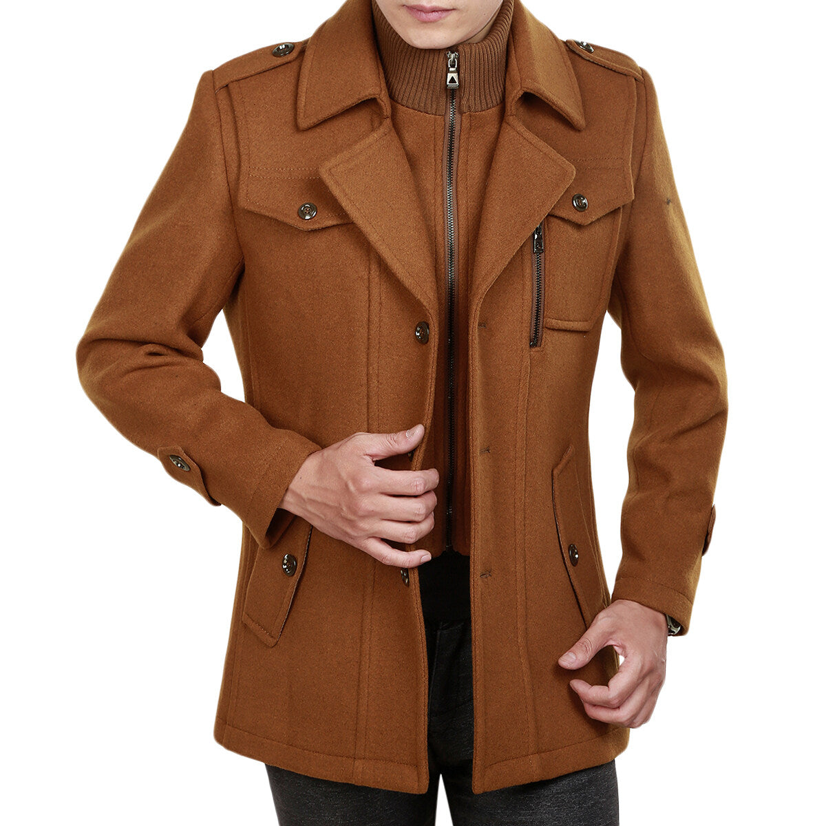 Youthup Mens Fake Two-Piece Neck Slim Fit Wool Pea Coat
