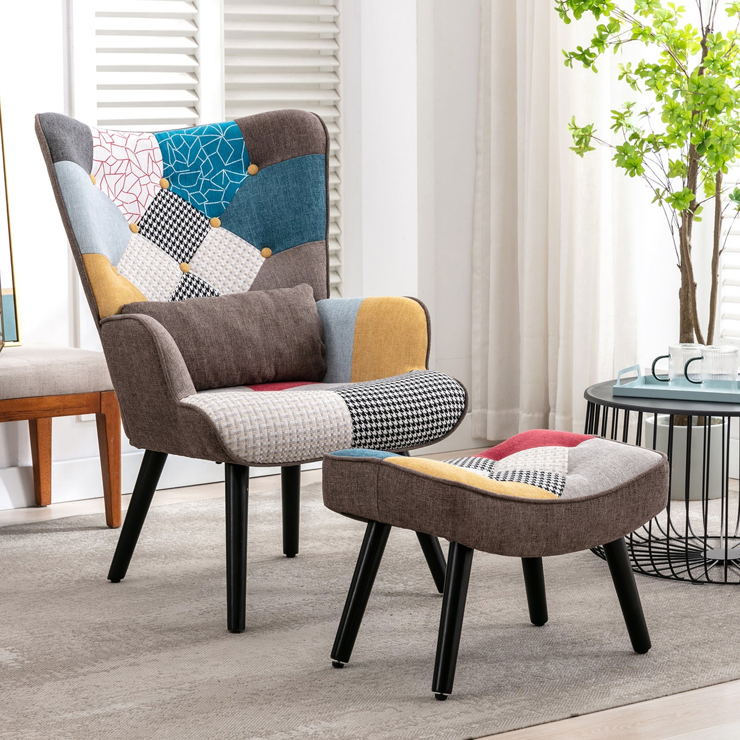 Fauteuil Patchwork Scandinave  avec pieds-repose, Oreiller lombaire  Pieds Bois Massif ,Salon Balcon Tissu en Lin  Multicolore