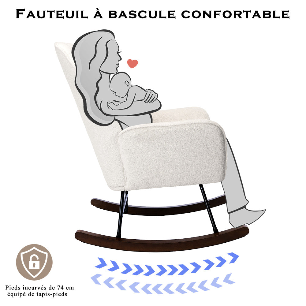Fauteuil à Bascule en Laine d'agneau Fauteuil en Laine Moderne, Chaise à Bascule Confortable avec Pieds en Bois Massif  Beige