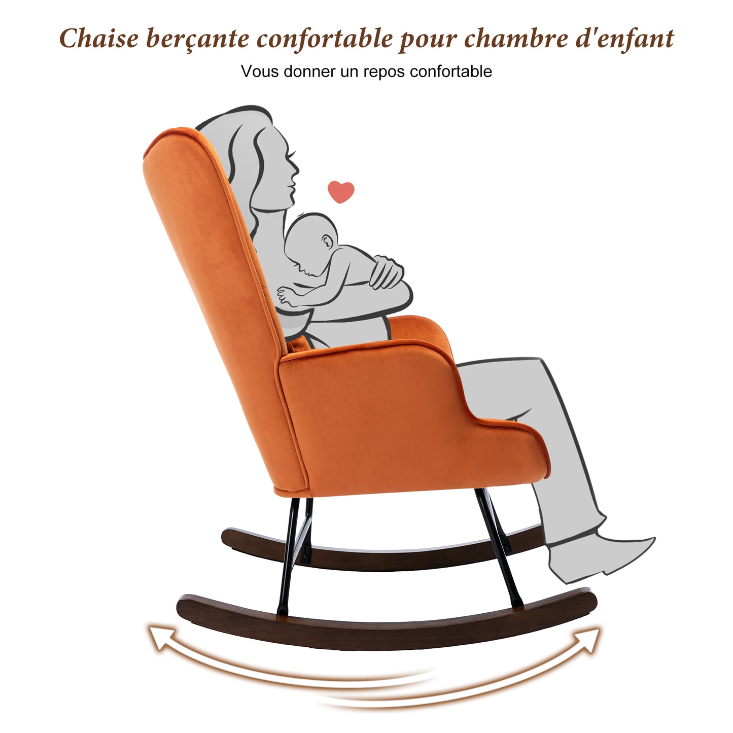 Fauteuil à Bascule  Rembourré en Velours Moderne  pour Salon, Chaise à Bascule à Dossier Haut avec Pieds en Bois, ORANGE