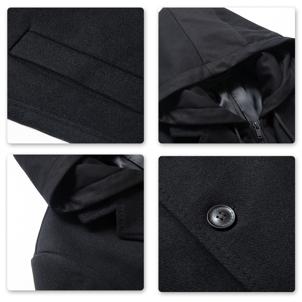 Youthup Mens Slim Fit Wool Coat Elegant Removable Hood Trench Overcoat