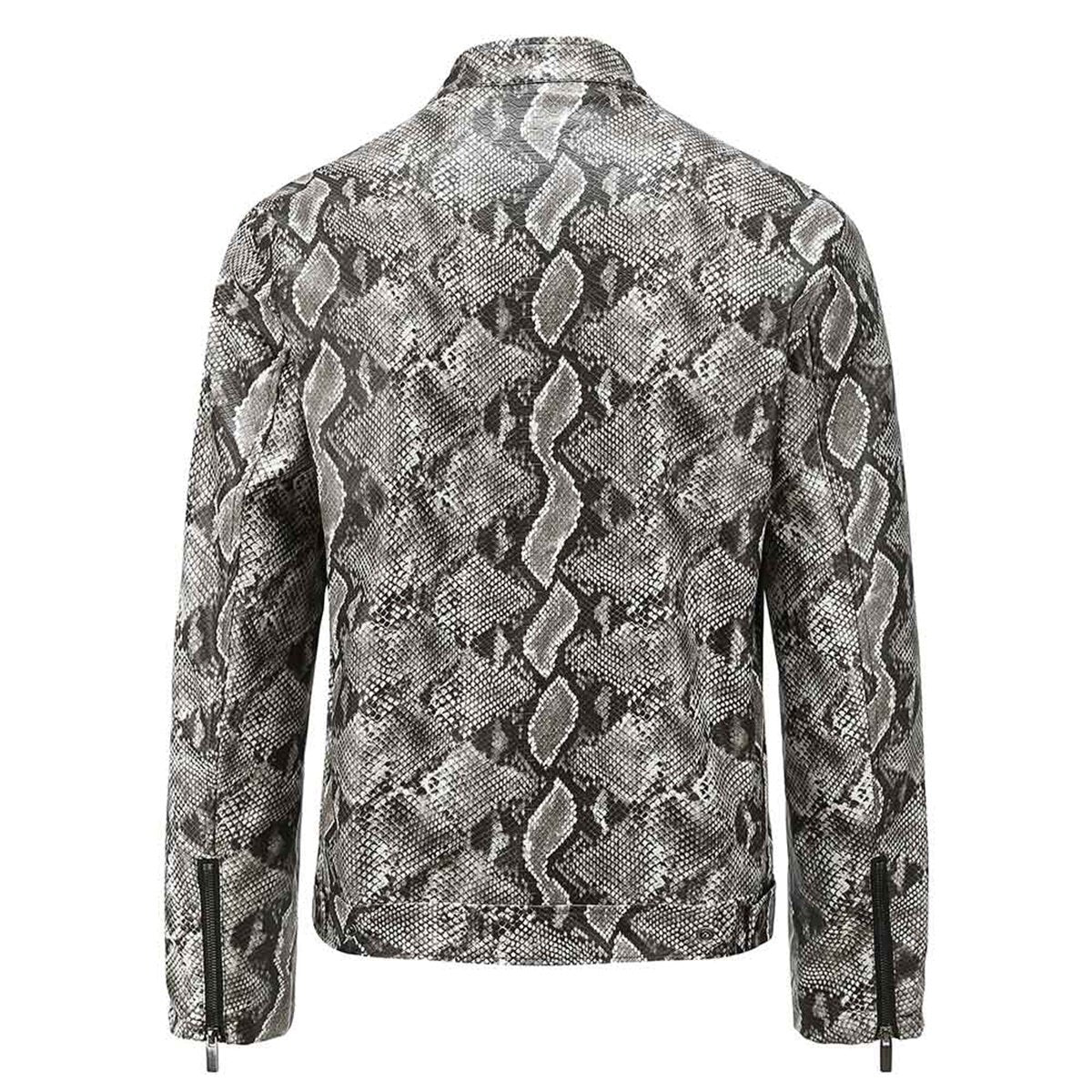 Youthup Mens Stand Collar Snake Print Full-Zip Pu Leather Jacket