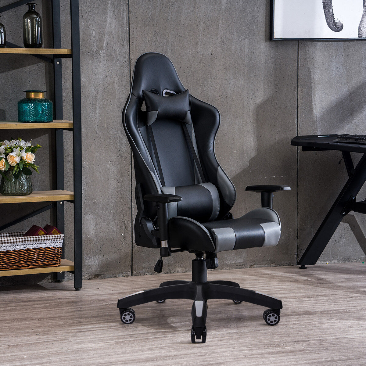 Cadeira Gamer HOMEMIYN (56x68x135 cm - Couro PU - cinza)
