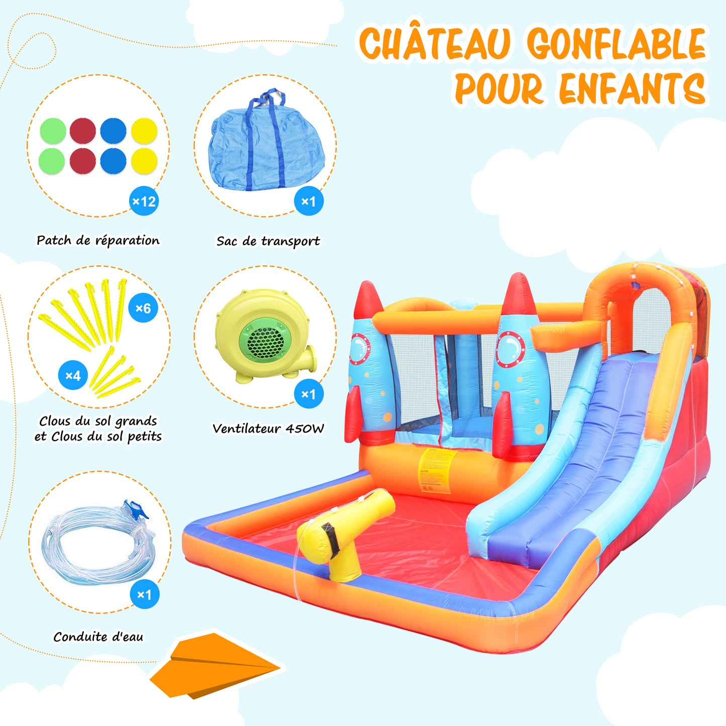 Toboggan gonflable avec piscine pour 3 Enfants Aire de jeux gonflable 370x260x185cm Poids Portant 90KG
