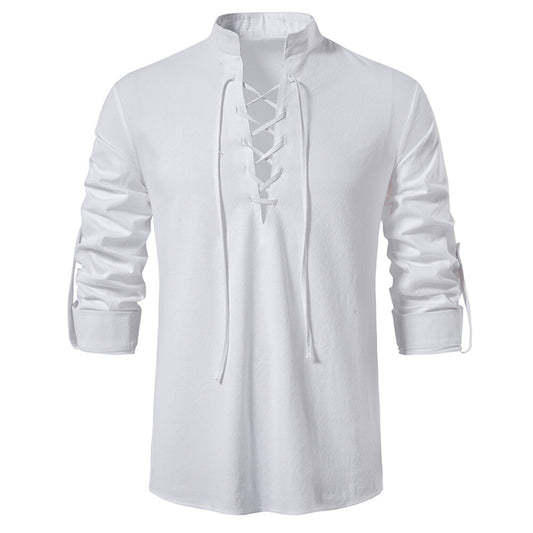 YOUTHUP Mens Summer Cotton Shirts Casual Beach Party Stand Collar Tie Long Sleeves Top