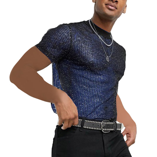 Youthup Mens Shiny Sequin Sheer Pullover Short Sleeve T-Shirt