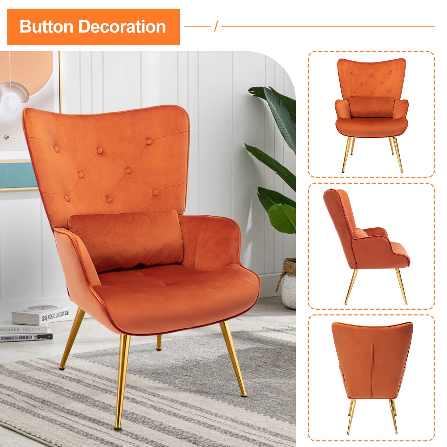 Fauteuil de Salon Scandinave avec Oreiller Lombaire Fauteuil Style Moderne en Tissu Velours pour Salon, Chambre Caramel