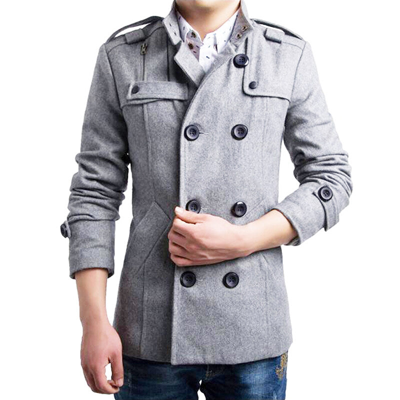 Youthup Mens Woolen Coat Double Breasted Slim Fit Thermal Coat