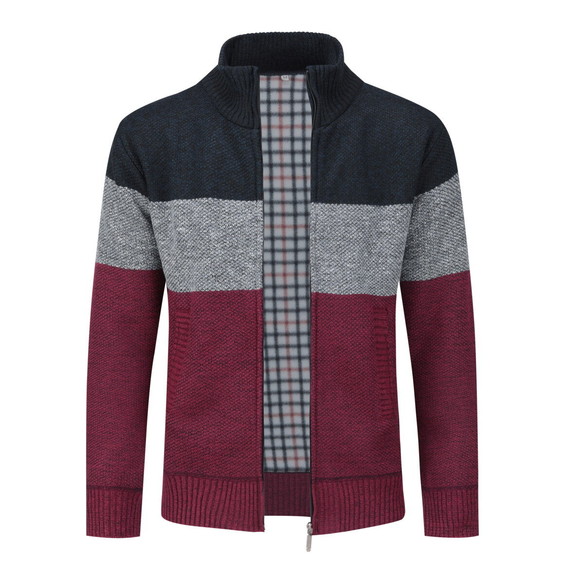 Youthup Mens Stand Collar Sweater Color Block Knit Cardigan