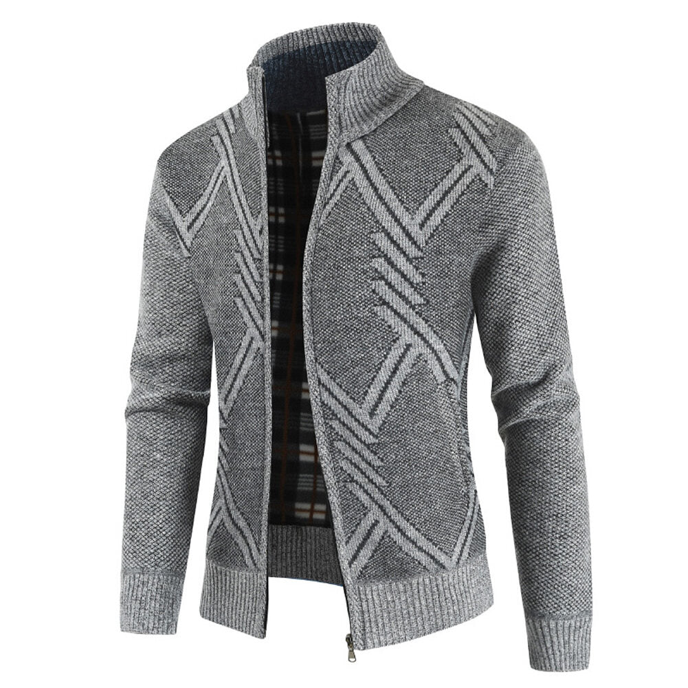Youthup Mens Fleece Stand Collar Geometric Pattern Knitted Cardigan