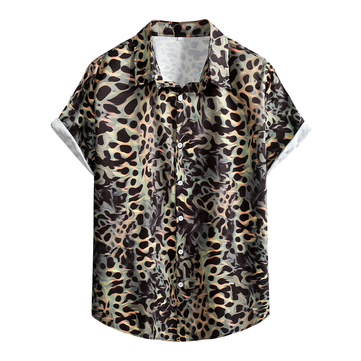 Youthup Mens Leopard Print Peak Lapel ShortSleeve Shirt