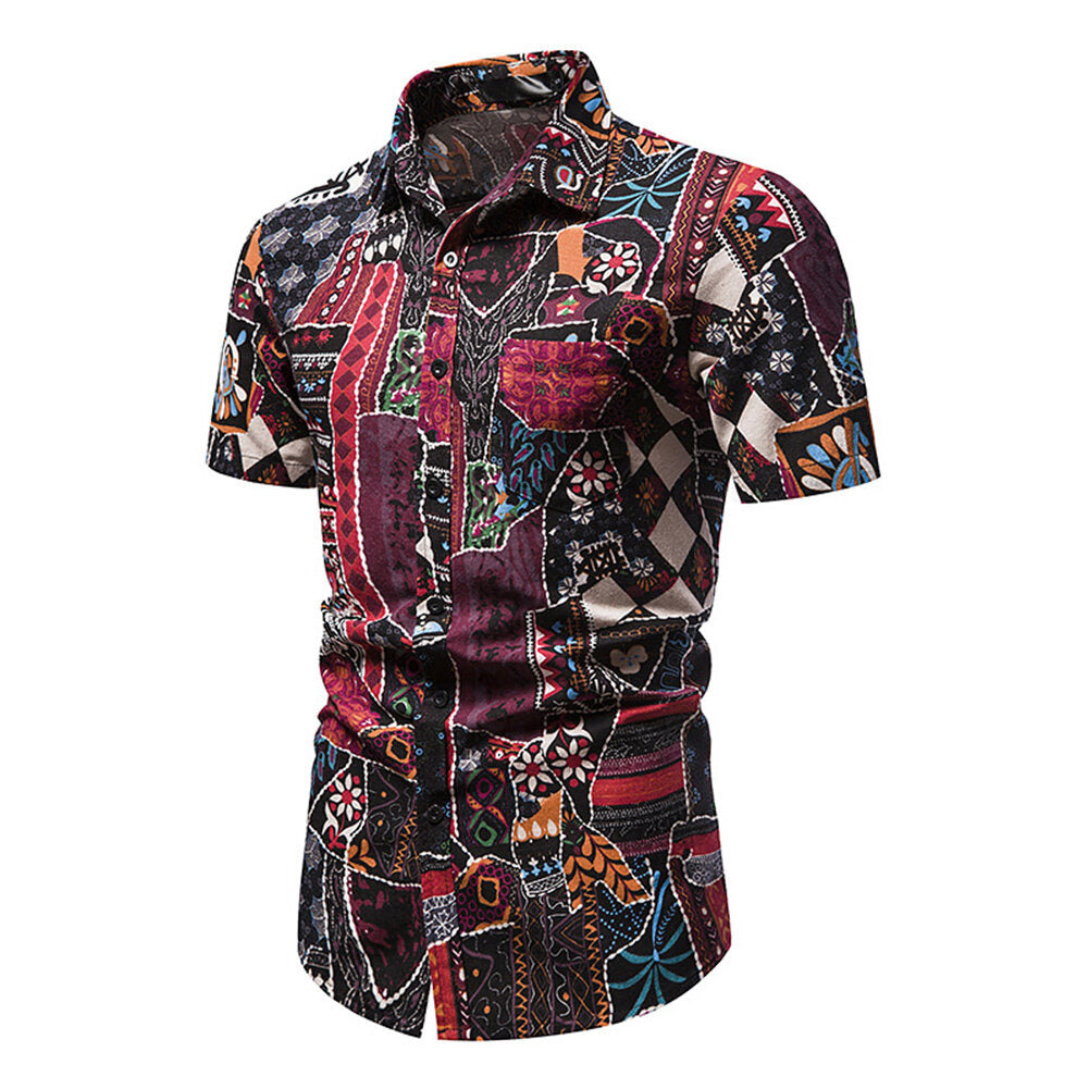 Youthup Mens Ethnic Style Printed Short Sleeve Shirt