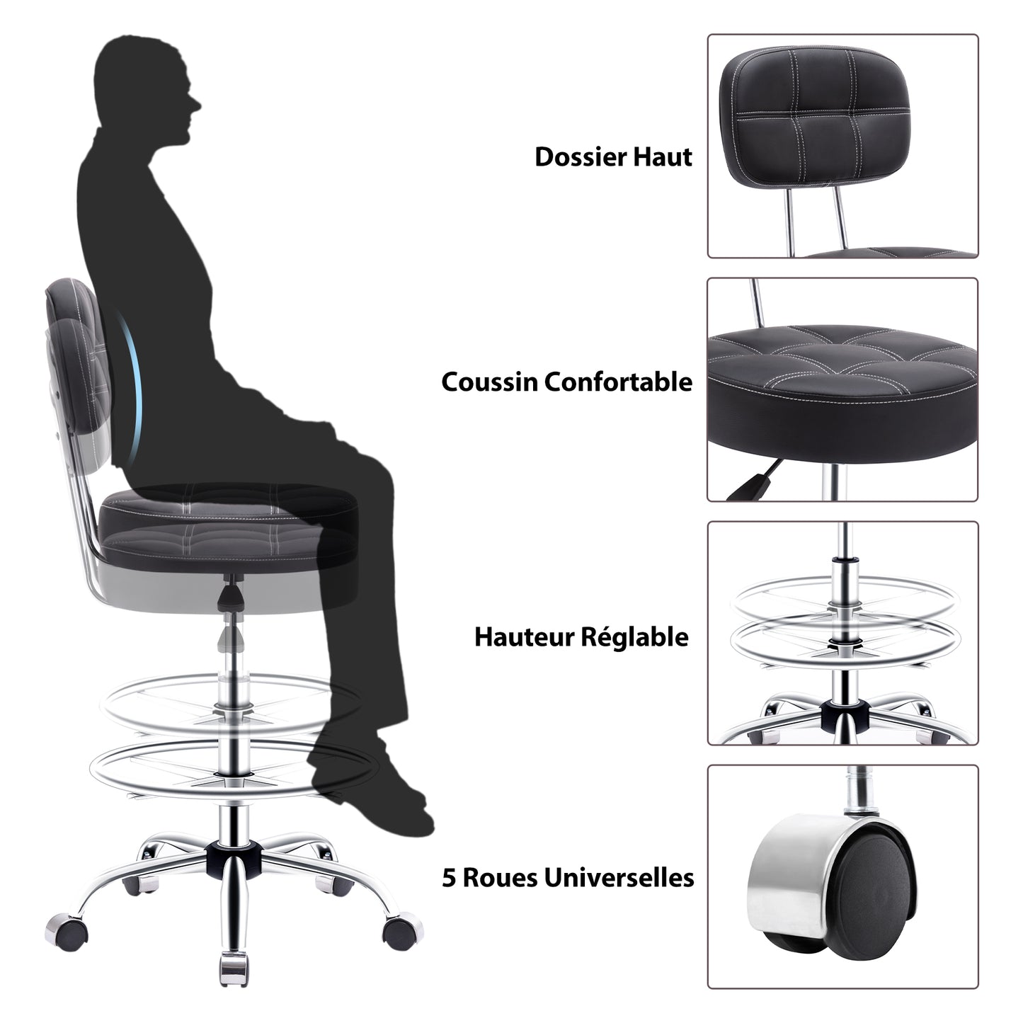 Tabouret roulettes avec Dossier et Anneau en Métal, Tabouret  Rotation à 360° Hauteur Réglable 63-76cm, Tabouret Ergonomique Noir