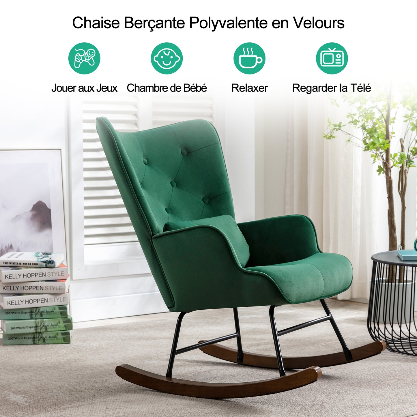 Fauteuil à Bascule  Rembourré en Velours Moderne  pour Salon, Chaise à Bascule à Dossier Haut avec Pieds en Bois, Vert Foncé