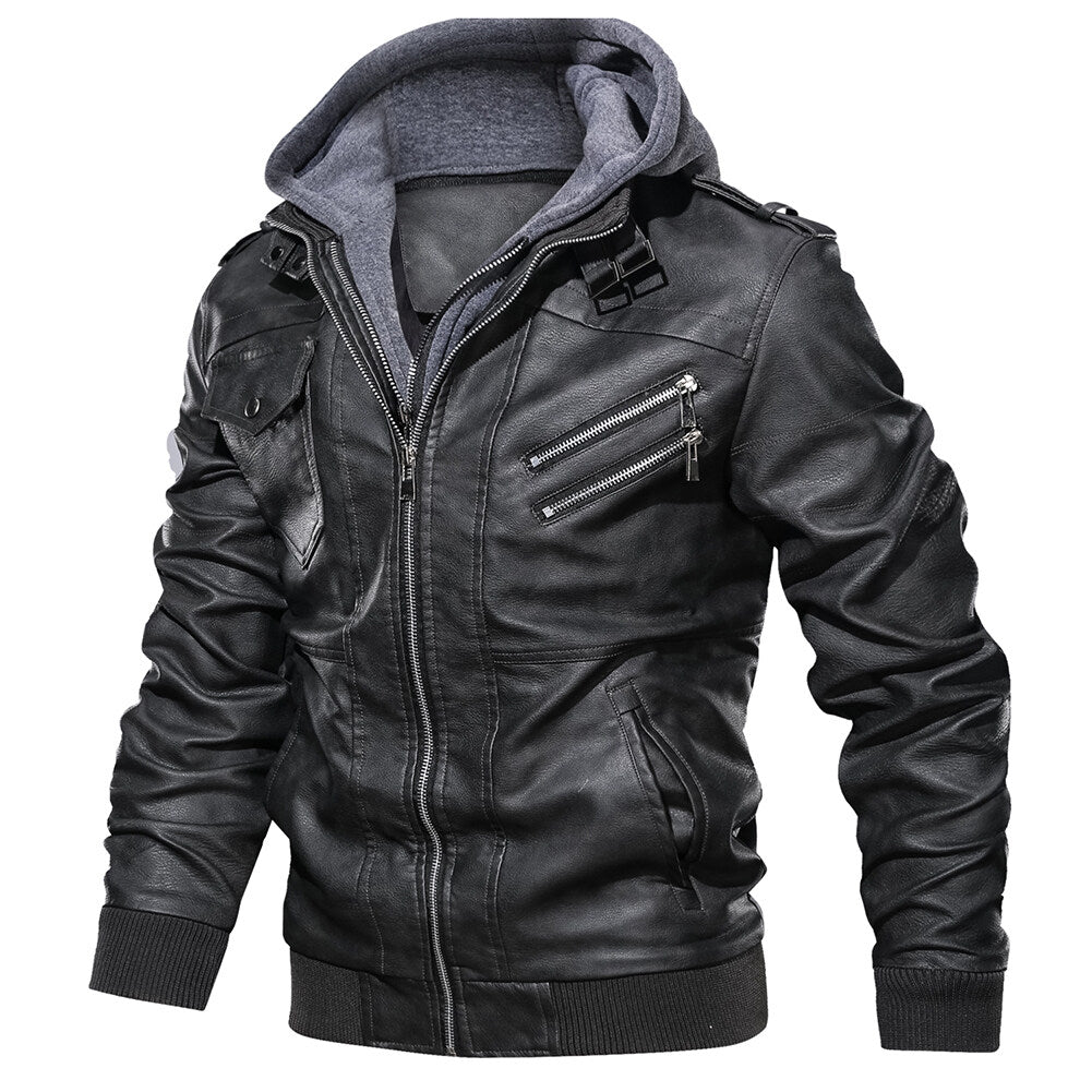 YOUTHUP Mens Casual Moto Style Lapel Hooded Leather Jacket