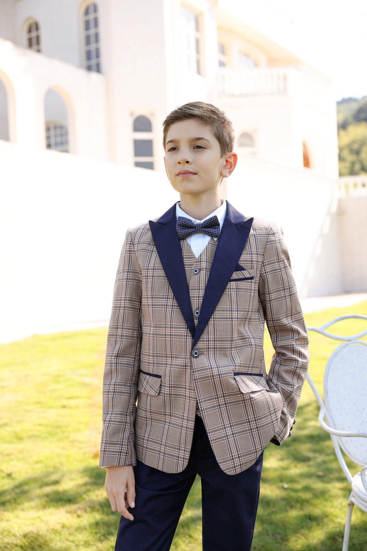 Youthup Boys 3Pce Plaid Peaked Lapel Tuxedo Wedding Party Suit Set
