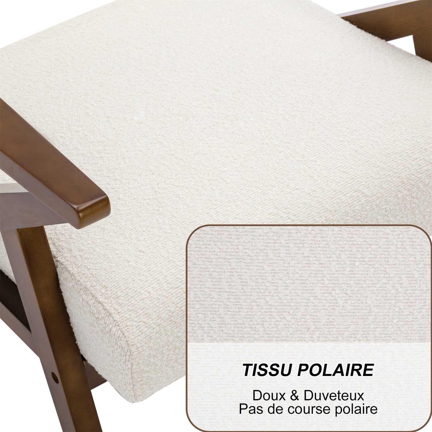 Fauteuil Salon en Tissu Polaire, Fauteuil Confortable Dossier Ergonomique Fauteuil Vintage en Bois Massif Beige