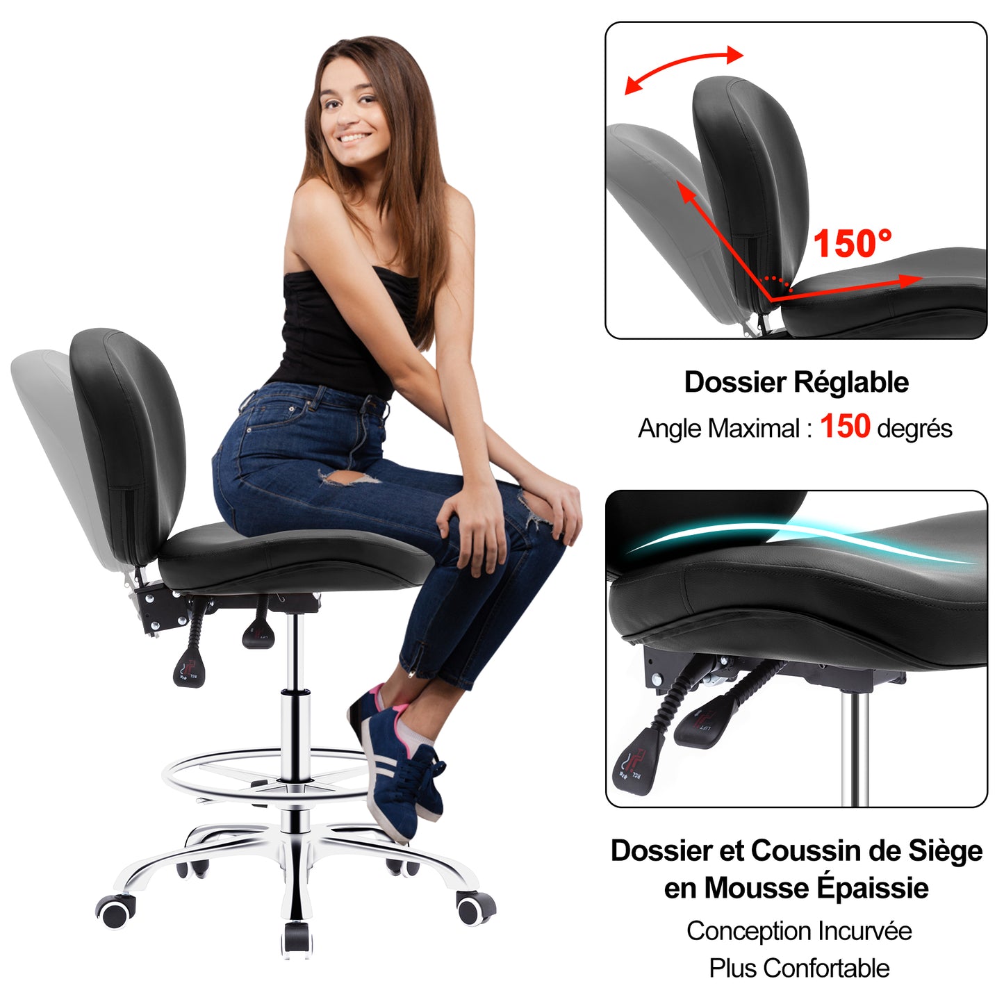 Tabouret roulettes avec Dossier et Anneau en Métal Rotation à 360° Hauteur Réglable 59,5-72,5cm Noir
