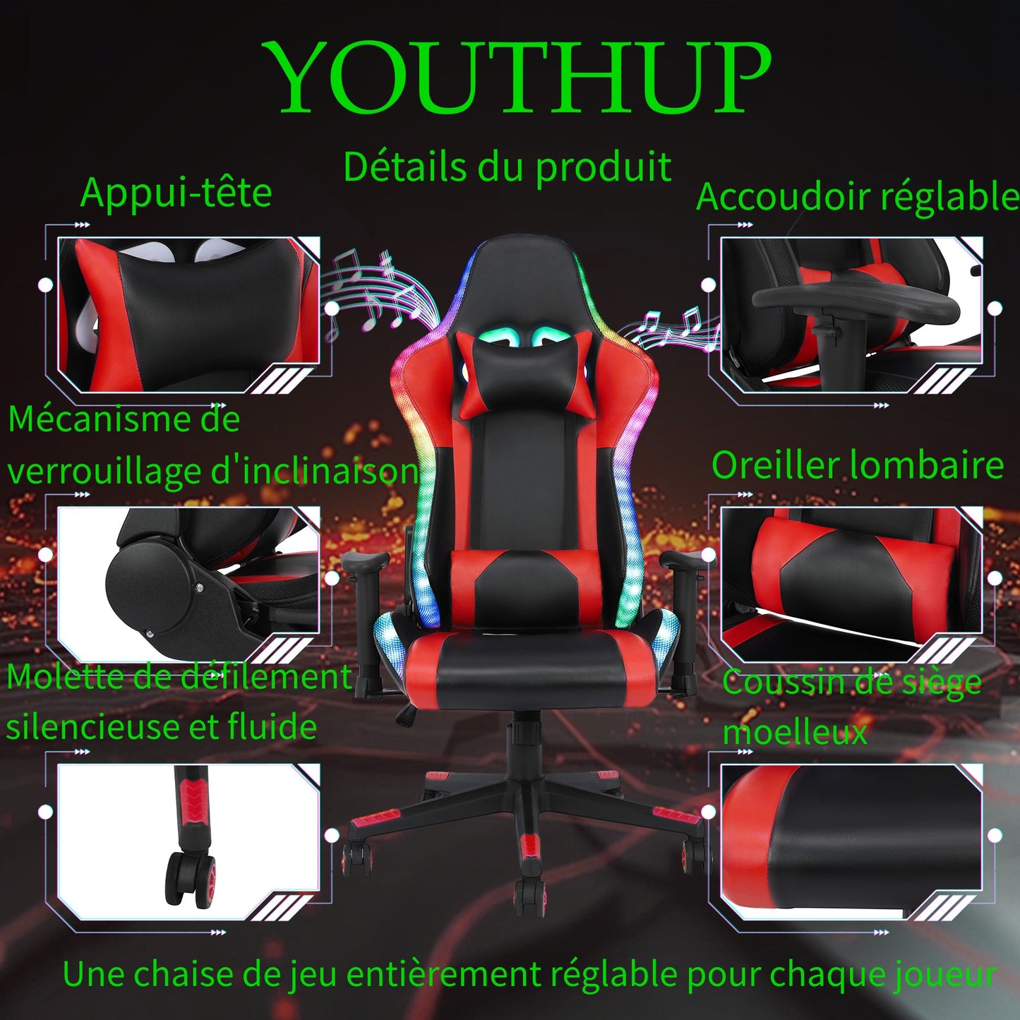 Chaise Gaming RGB Fauteuil Gamer avec Haut-parleur et Bluetooth  Chaise avec Boucle d'oeuil de Siège Luminieux LED Noir et rouge