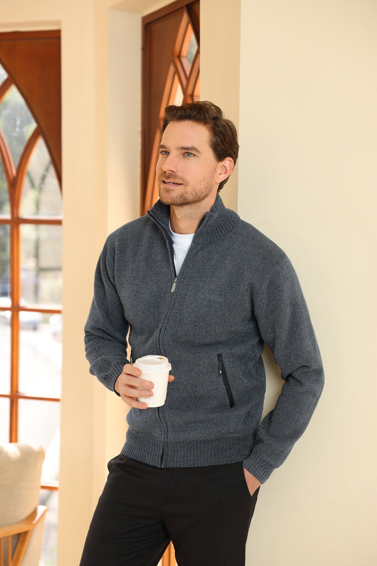 Youthup Mens Stand Collar Knitted Sweatshirt Casual Cardigan