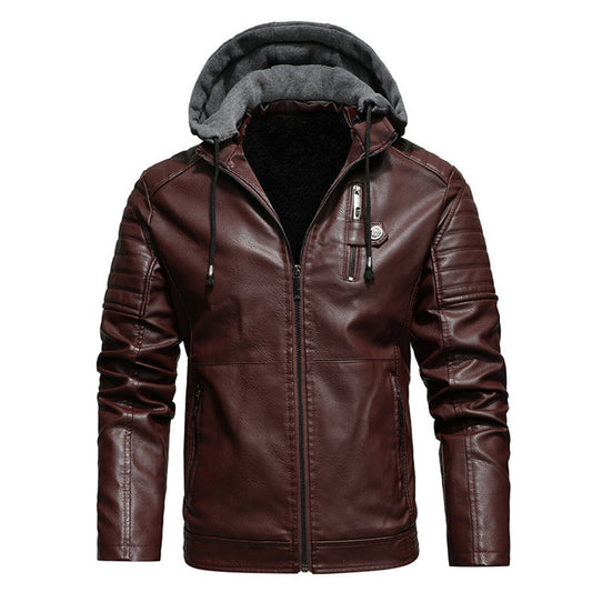 YOUTHUP Mens Motorcycle Style Hooded Leather Jacket Casual Slim Stand Collar Solid Color Leather Coat