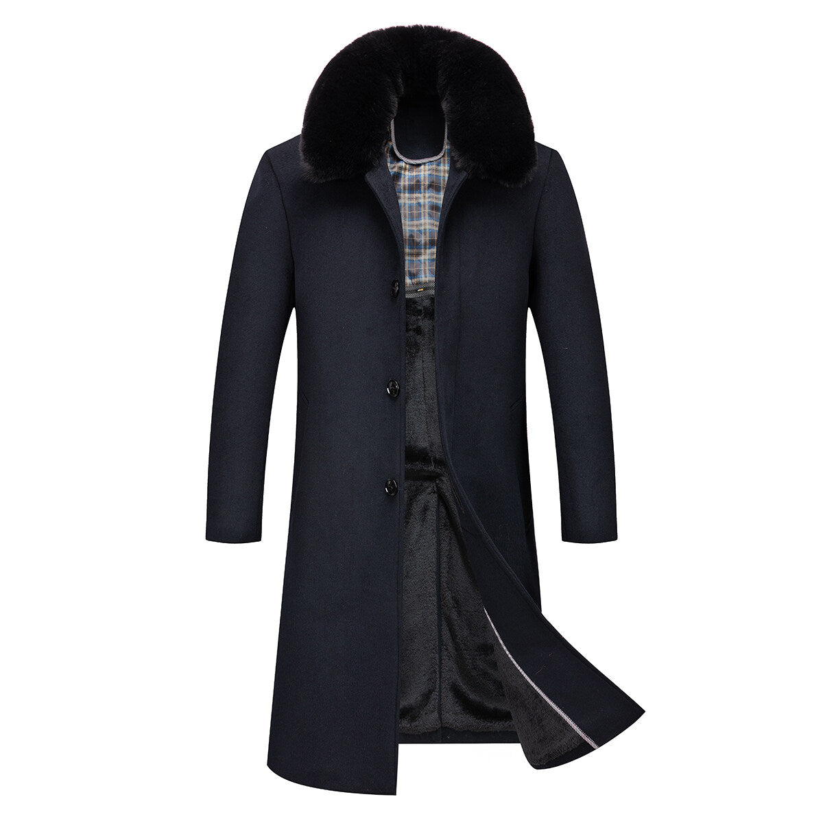 Youthup Mens Wool Blend Thick Four Button Slim Fit Detachable Fur Collar Coat
