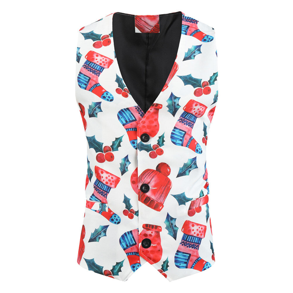 Youthup Mens Christmas Suit 3-Pce Gloves Socks Hat Print Blazer Vest Pants