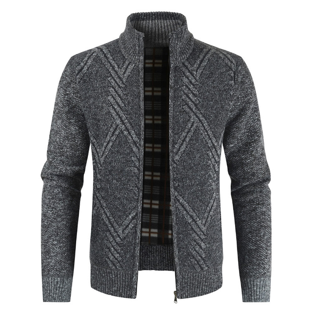 Youthup Mens Fleece Stand Collar Geometric Pattern Knitted Cardigan