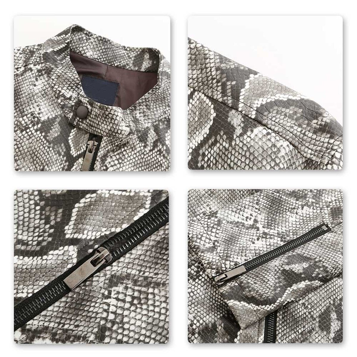 Youthup Mens Stand Collar Snake Print Full-Zip Pu Leather Jacket