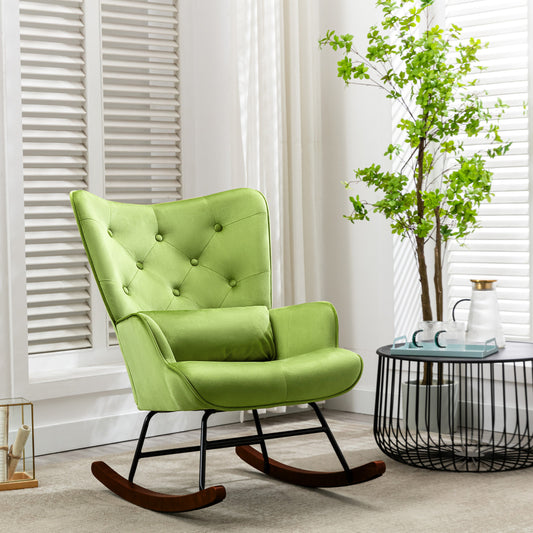Mecedora mecedora de terciopelo con estructura de metal y base de madera silla tapizada para sala de estar sillón retro ocio silla de relajación para dormitorio habitación infantil verde claro