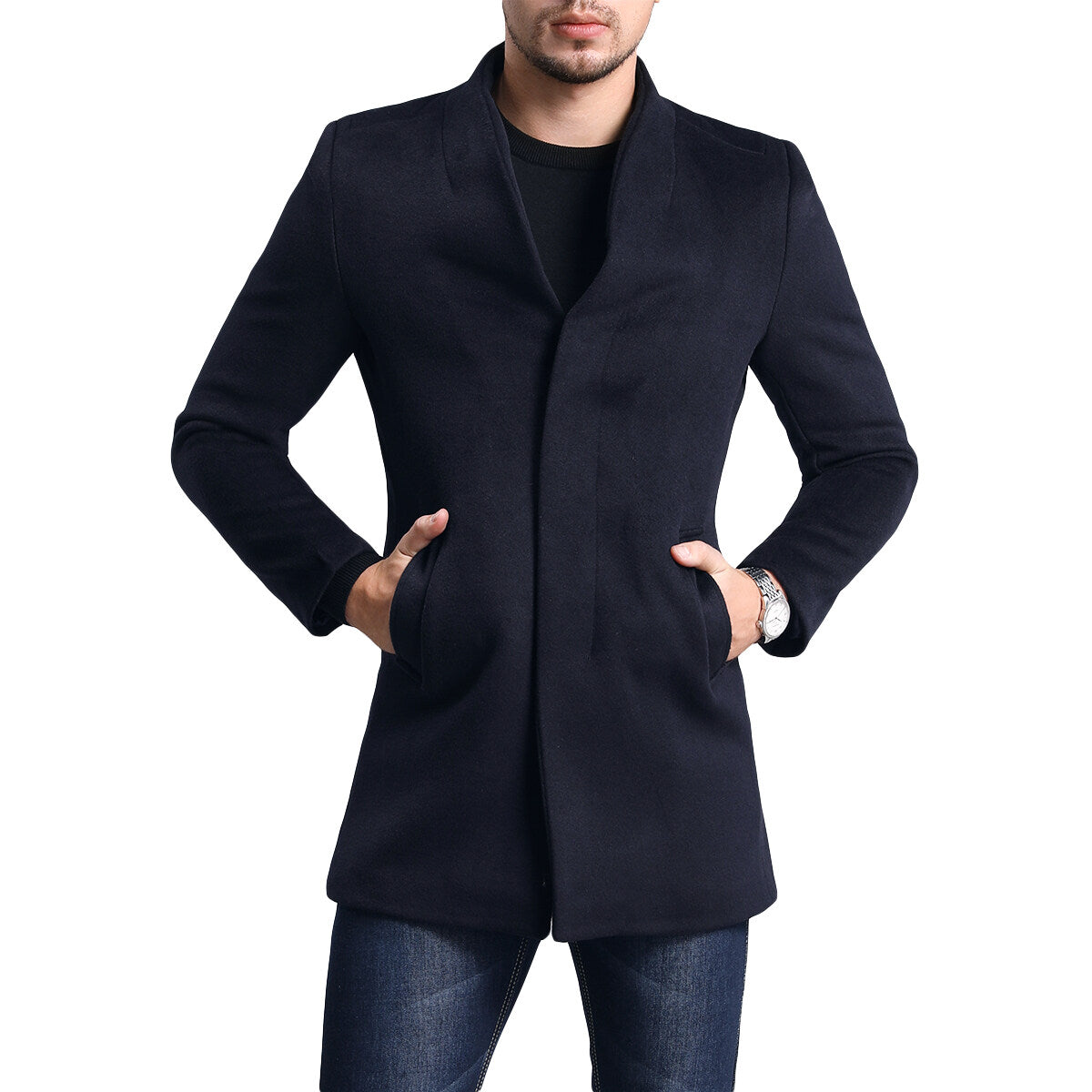 YOUTHUP Mens Casual Simple Solid Color Long Single Breasted Wool Coat