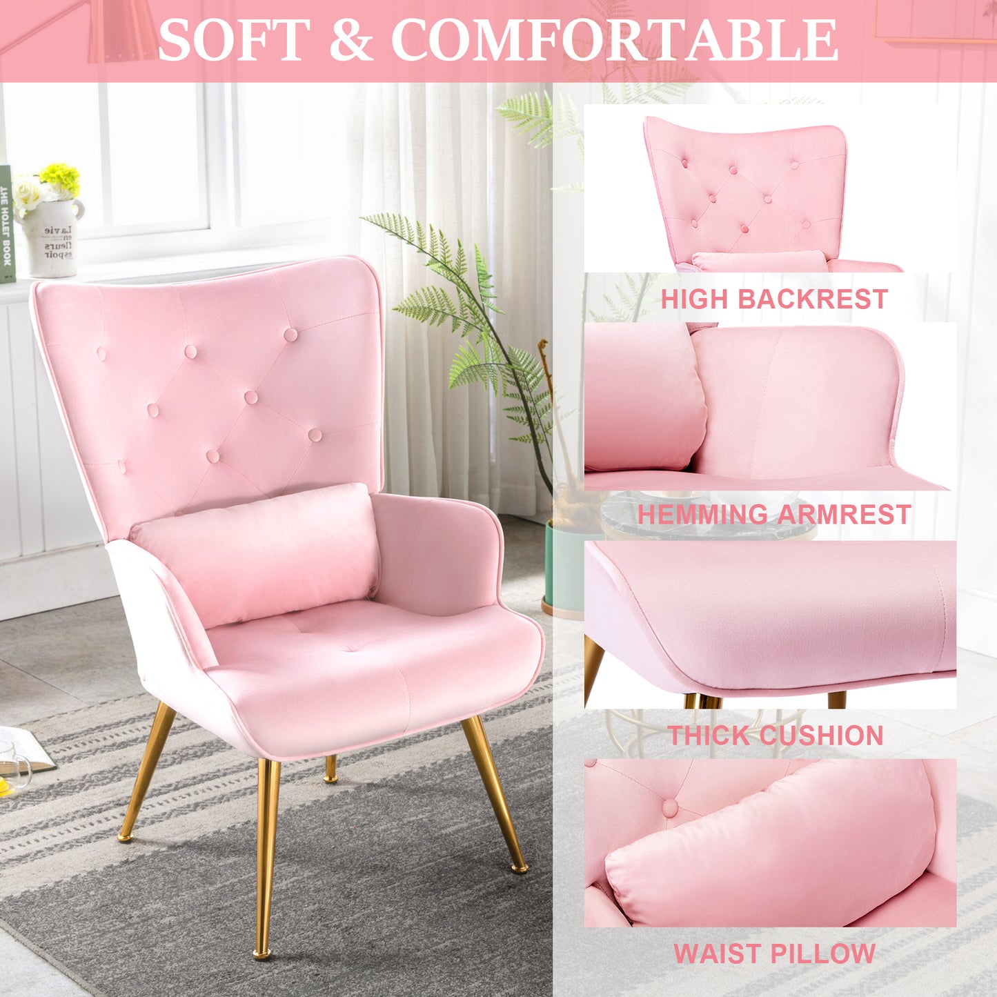 Fauteuil de Salon Scandinave avec Oreiller Lombaire Fauteuil Style Moderne en Tissu Velours pour Salon, Chambre Rose
