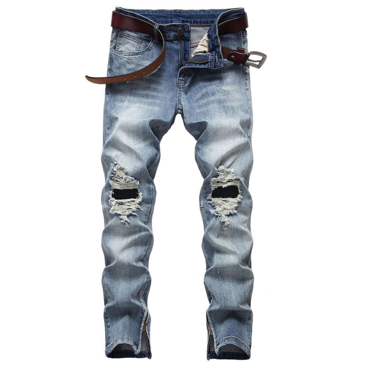YOUTHUP Mens Ripped  Straight Leg Biker Cargo Denim Jeans