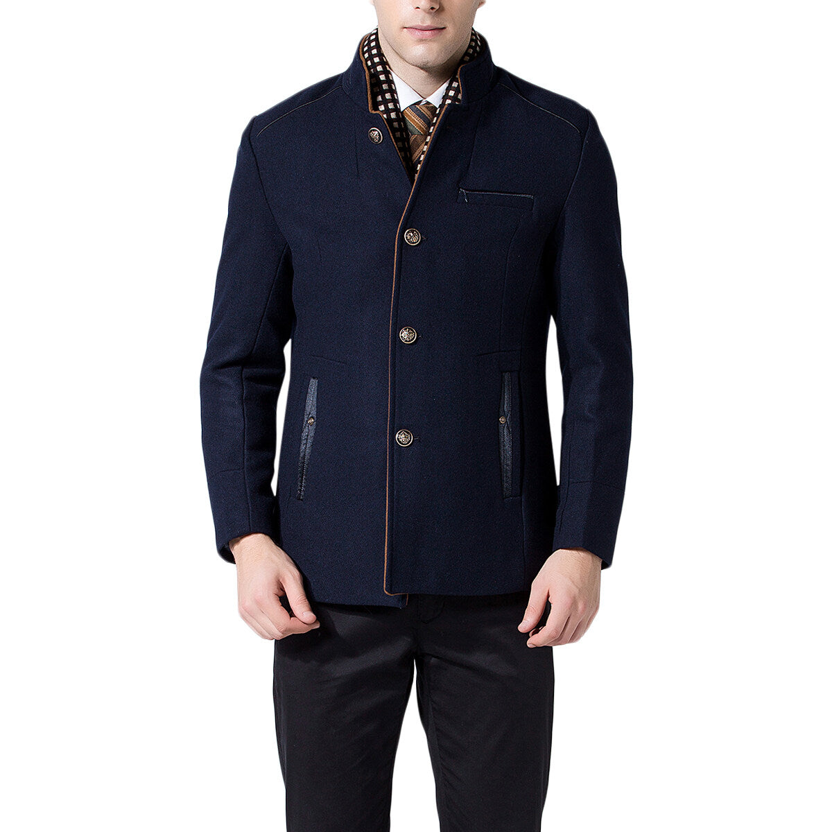 Youthup Mens Slim Fit Double Collar Wool Coat