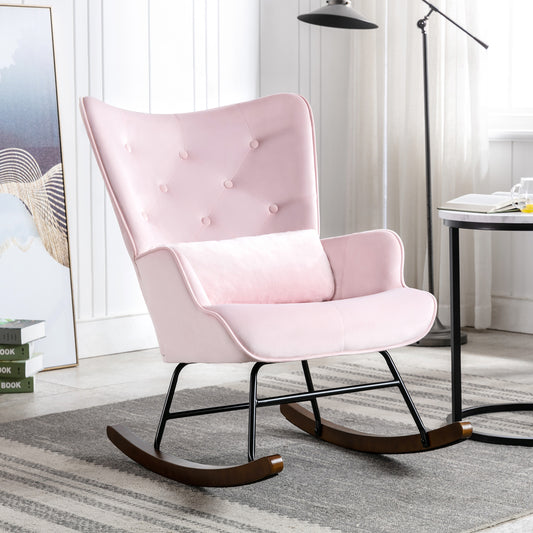 Fauteuil à Bascule  Rembourré en Velours Moderne  pour Salon, Chaise à Bascule à Dossier Haut avec Pieds en Bois, Rose