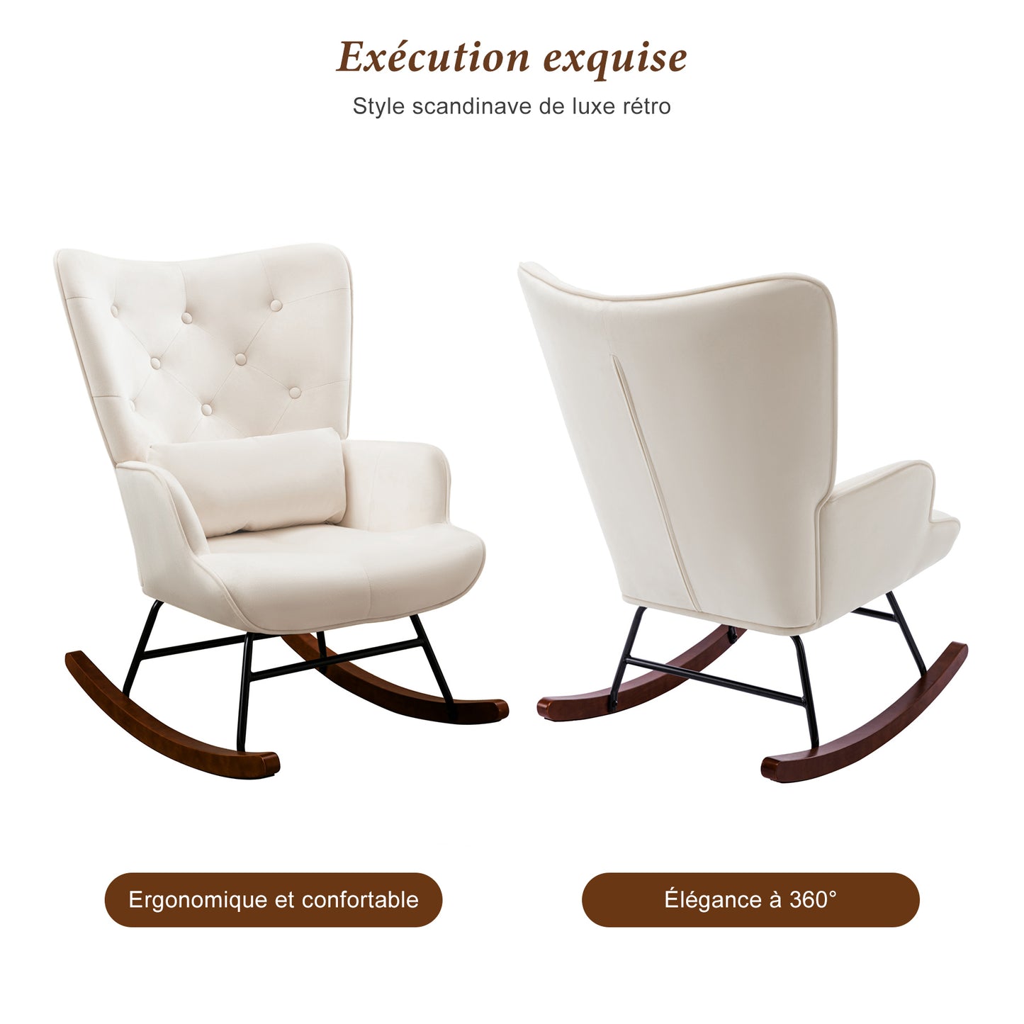 Fauteuil à Bascule  Rembourré en Velours Moderne  pour Salon, Chaise à Bascule à Dossier Haut avec Pieds en Bois, Beige