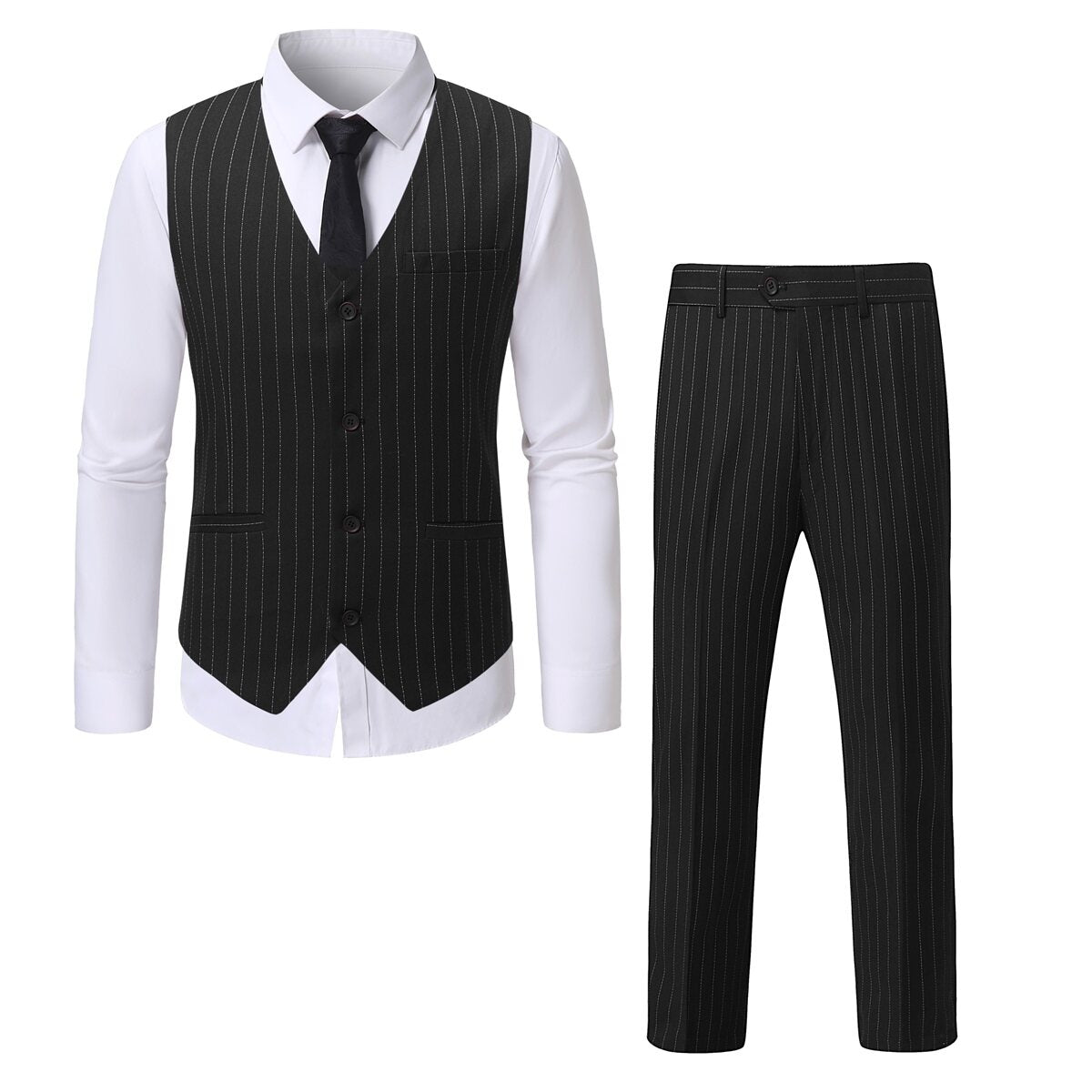YOUTHUP Mens Striped Slim Fit Solid Color Single Breasted Suit Vest and Trousers