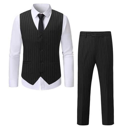 YOUTHUP Mens Striped Slim Fit Solid Color Single Breasted Suit Vest and Trousers