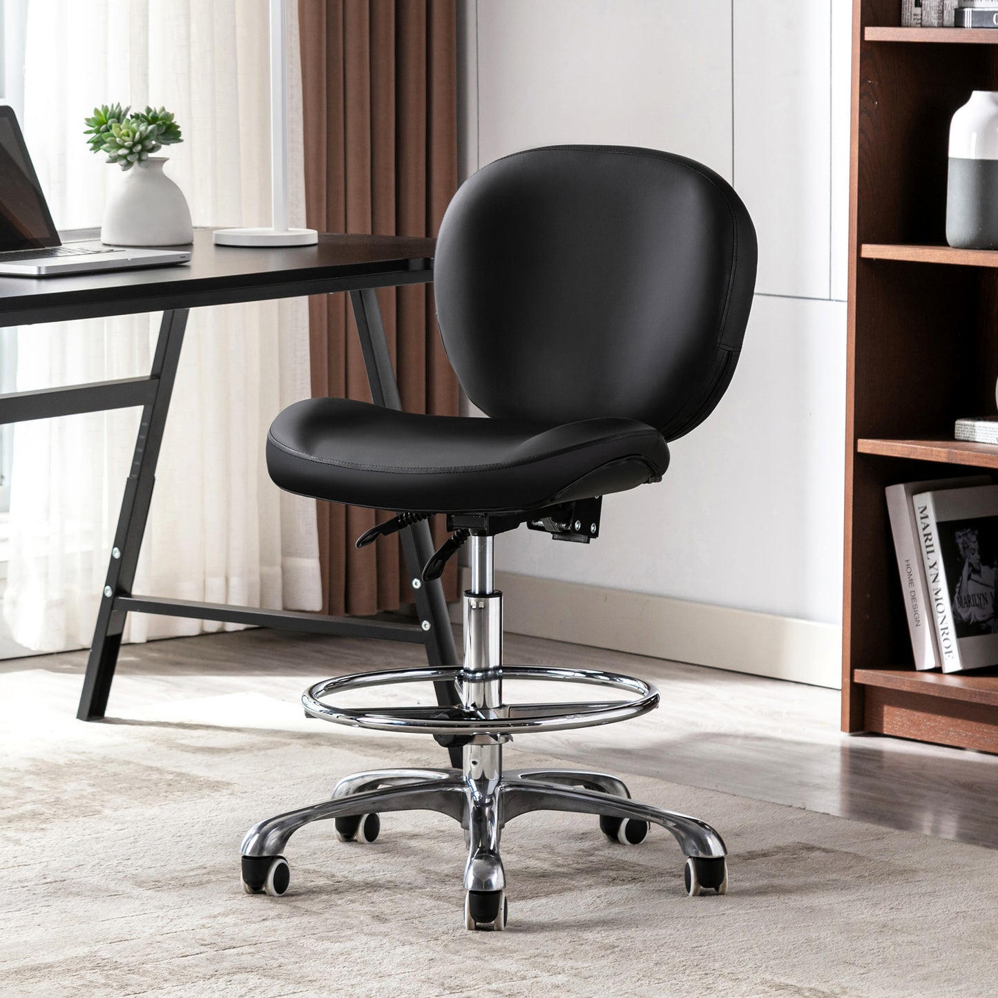 Tabouret roulettes avec Dossier et Anneau en Métal Rotation à 360° Hauteur Réglable 59,5-72,5cm Noir